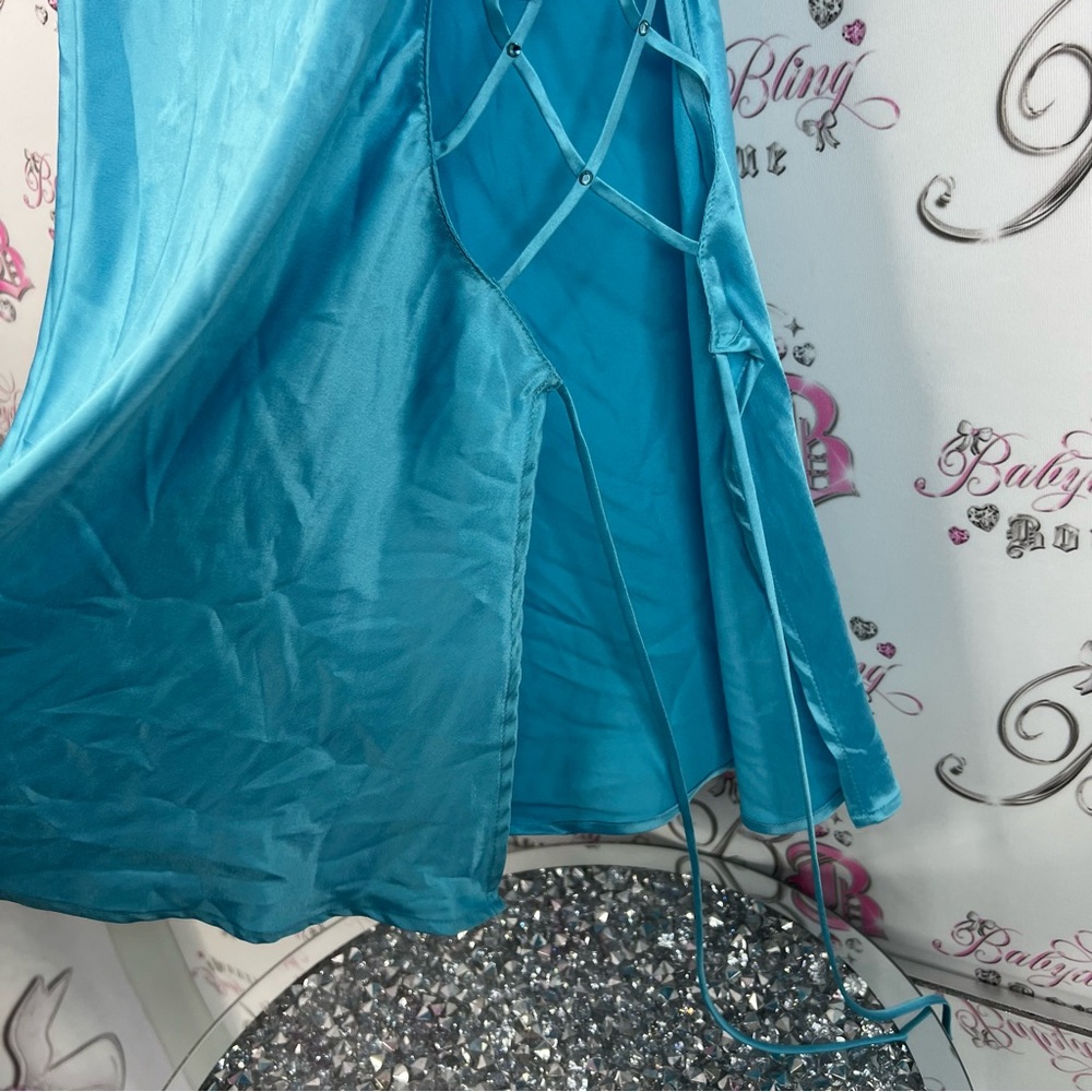 La SENZA dress lace up corset sides rhinestones shiny Turquoise Satin Chemise - Picture 3 of 8